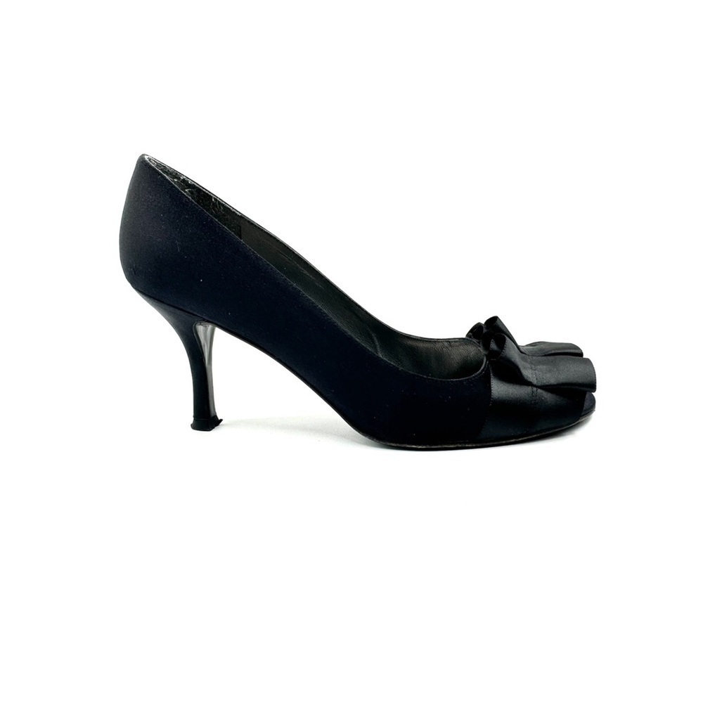 STUART WEITZMAN BLACK SATIN HEELS OPEN TOE HEELS RUFFLE DETAIL MADE IN SPAIN 9.5